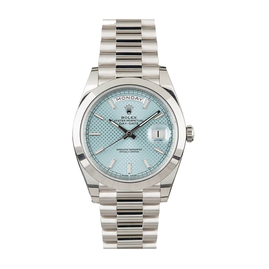 Rolex Day-Date 228206 Super Clone: 40mm Platinum Presidential with Ice Blue Baguette Diamond Dial
